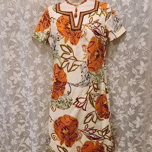 Dana Buchman Ivory Dress with Large Print Coral Floral Design Fully Lined